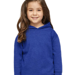 Toddler wearing Rabbit Skins 3326 pullover fleece hoodie in Vintage Royal, front view