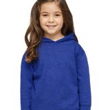 Toddler wearing Rabbit Skins 3326 pullover fleece hoodie in Vintage Royal, front view
