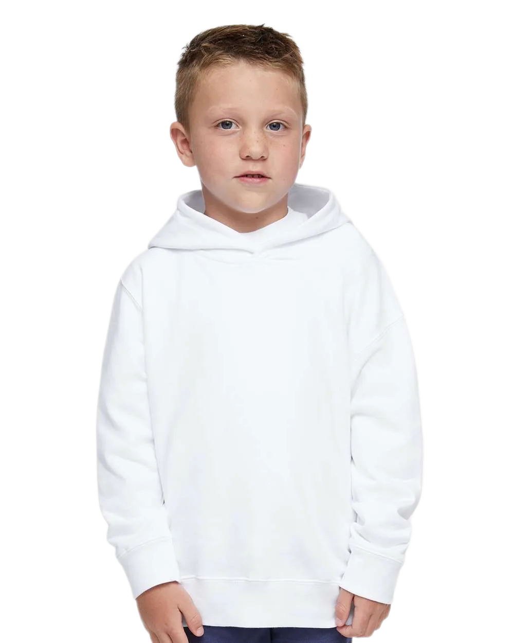 Toddler wearing Rabbit Skins 3326 pullover fleece hoodie in White, front view