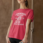 Women’s red Jennings High School 50th class reunion shirt featuring 1975 Native American mascot graphic