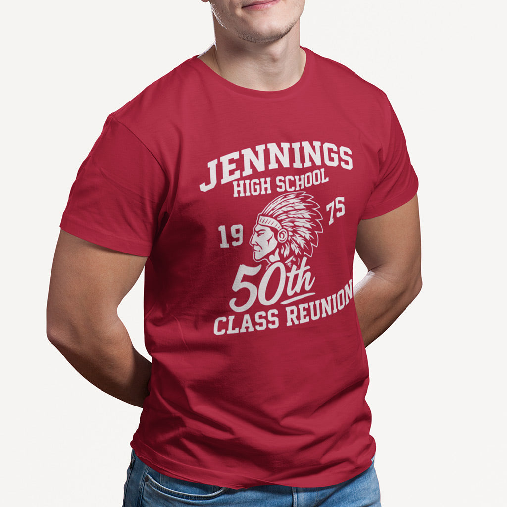 Red Jennings High School 1975 50th class reunion T-shirt with vintage Native American mascot graphic, modeled on athletic man