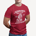 Red Jennings High School 1975 50th class reunion T-shirt with vintage Native American mascot graphic, modeled on athletic man