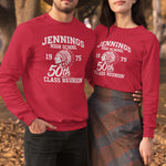 Screen printed Jennings High School 50th class reunion 1975 red crewneck sweatshirts featuring Native American mascot graphic, matching alumni apparel