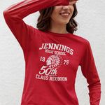 Jennings High School 1975 50th class reunion long sleeve red tee featuring retro Native American mascot graphic, custom alumni apparel