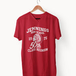 Jennings High School 50th class reunion shirt, red V-neck tee with 1975 Native American head logo in white, custom alumni apparel