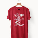 Jennings High School 50th class reunion shirt, red V-neck tee with 1975 Native American head logo in white, custom alumni apparel