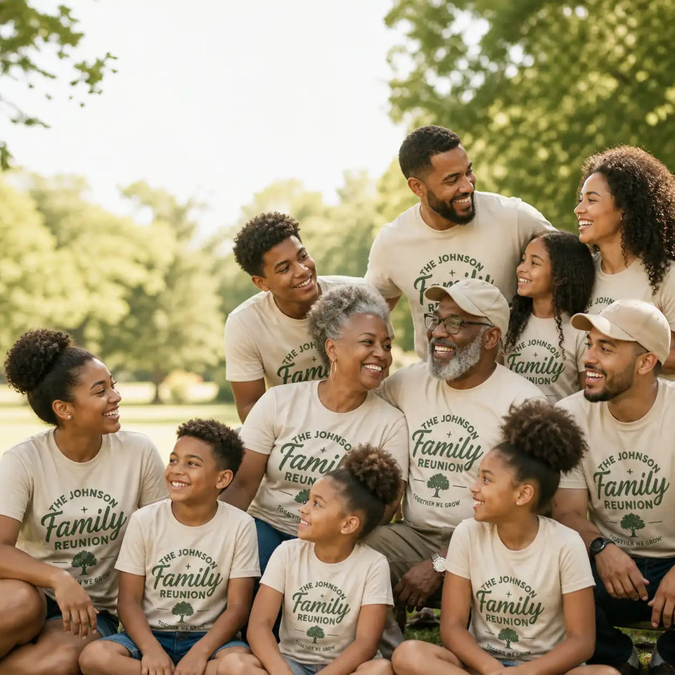 Family group wearing matching Family Reunion shirts for an outdoor reunion photo