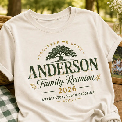 Close-up of custom Family Reunion 2026 shirt with tree design