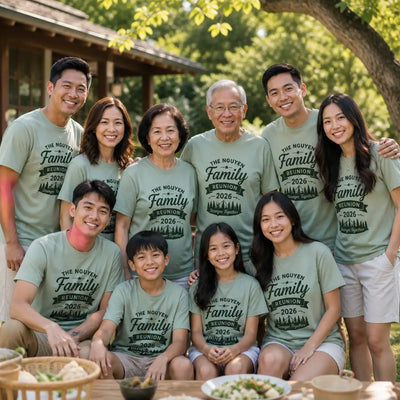 Multigenerational Asian family wearing matching Family Reunion 2026 shirts at an outdoor picnic
