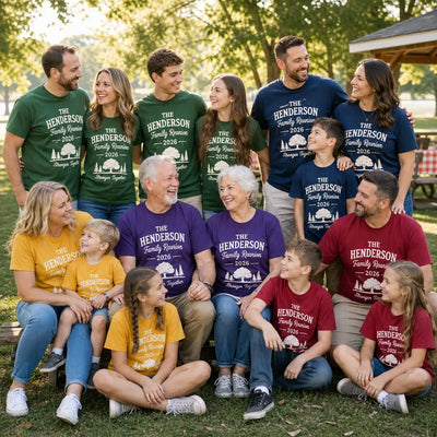 Multigenerational family wearing matching Family Reunion 2026 shirts in assorted colors outdoors