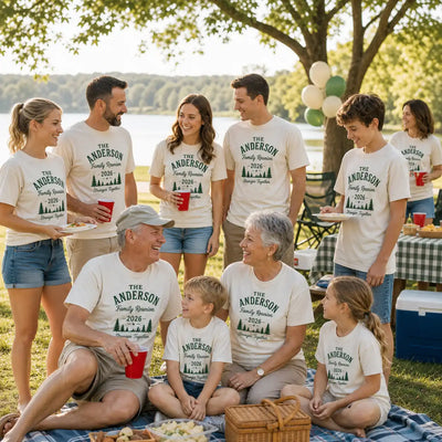 Family wearing matching white Family Reunion 2026 shirts at a lakeside picnic