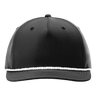 Richardson Black rope-front captain’s hat with white braided detail and curved brim, blank adjustable snapback cap on transparent background