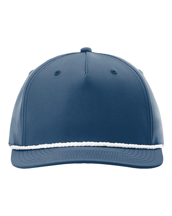 Richardson Blue rope-front captain’s snapback hat featuring six-panel crown, stitched eyelets, curved bill and white braided rope detail on transparent background