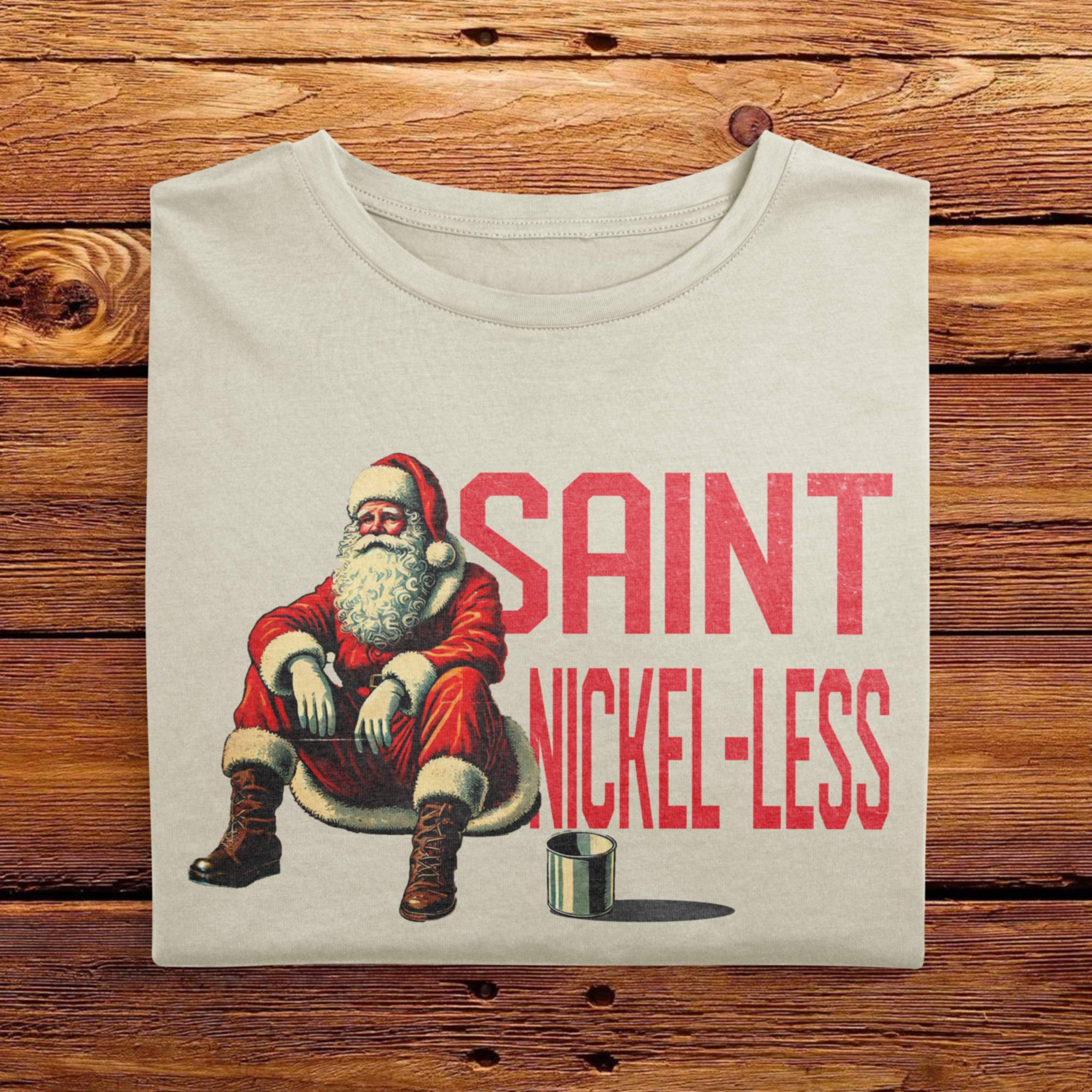 A Folded Comfort Colors Ivory White Sweatshirt featuring a vintage design. The design features Santa Clause sitting down seemingly on the sidewalk, appearing to be struggling financially. The text beside him reads Saint Nickel-Less, poking fun at his misfortune