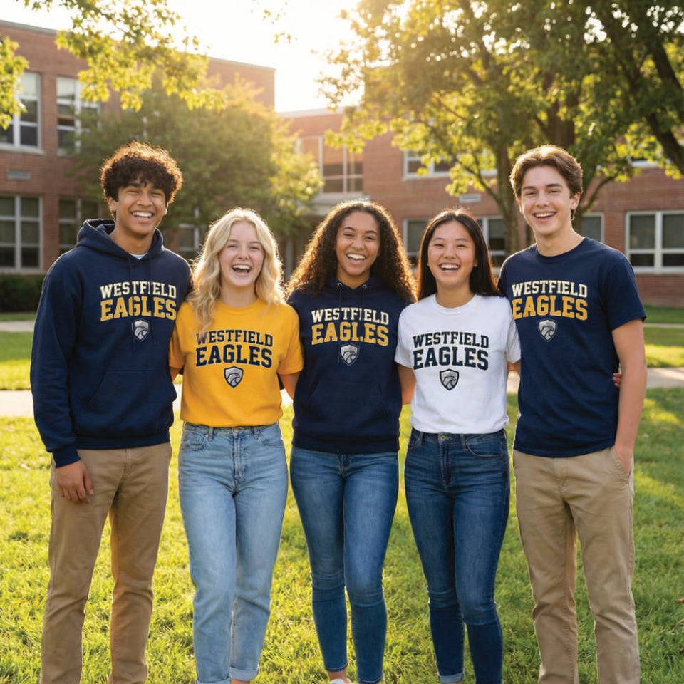 Students wearing coordinating Westfield Eagles shirts and sweatshirts outdoors