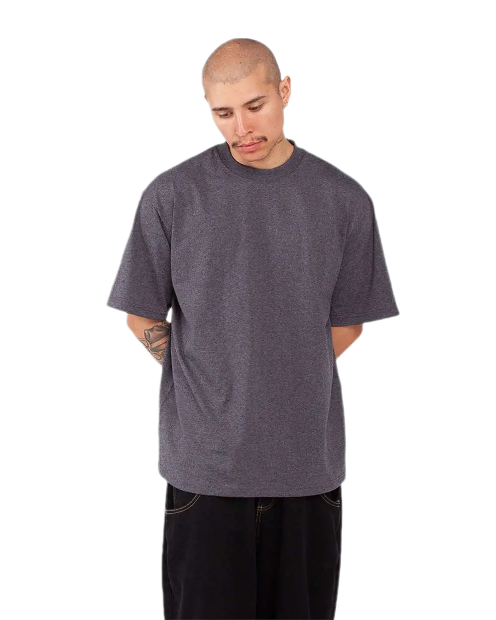 Shaka Wear SHMHSS charcoal grey heather oversized heavyweight T-shirt on model, front view
