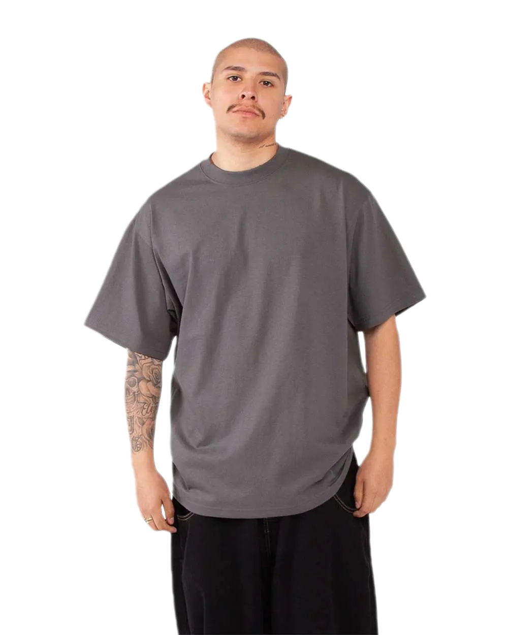 Shaka Wear SHMHSS dark grey oversized heavyweight T-shirt on model, front view
