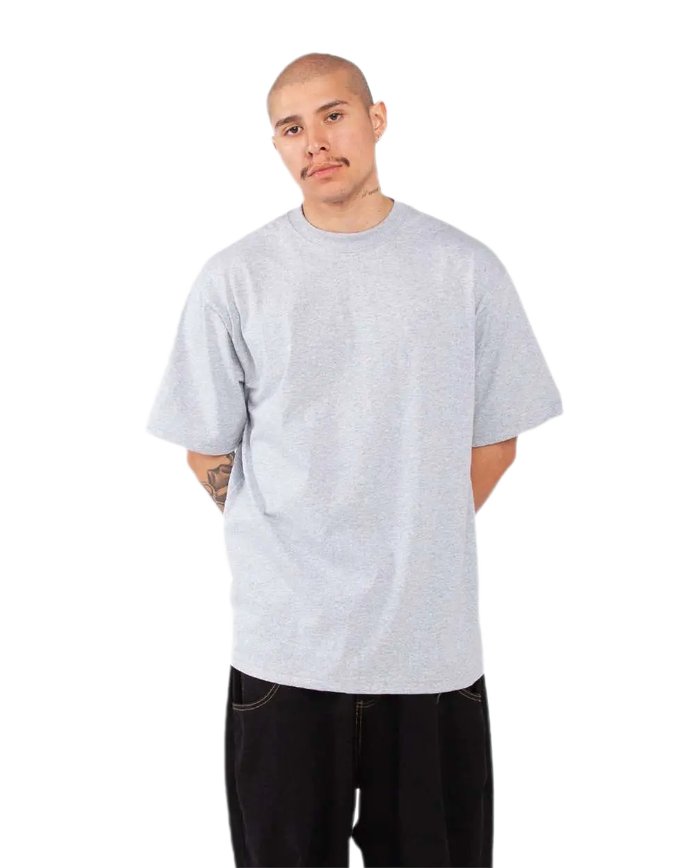Shaka Wear SHMHSS heather grey oversized heavyweight T-shirt on model, front view
