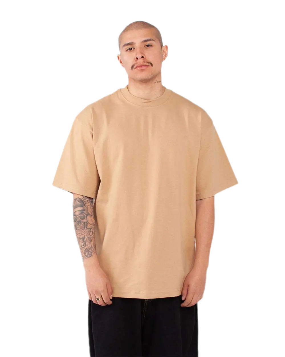 Shaka Wear SHMHSS khaki oversized heavyweight T-shirt on model, front view
