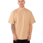 Shaka Wear SHMHSS khaki oversized heavyweight T-shirt on model, front view
