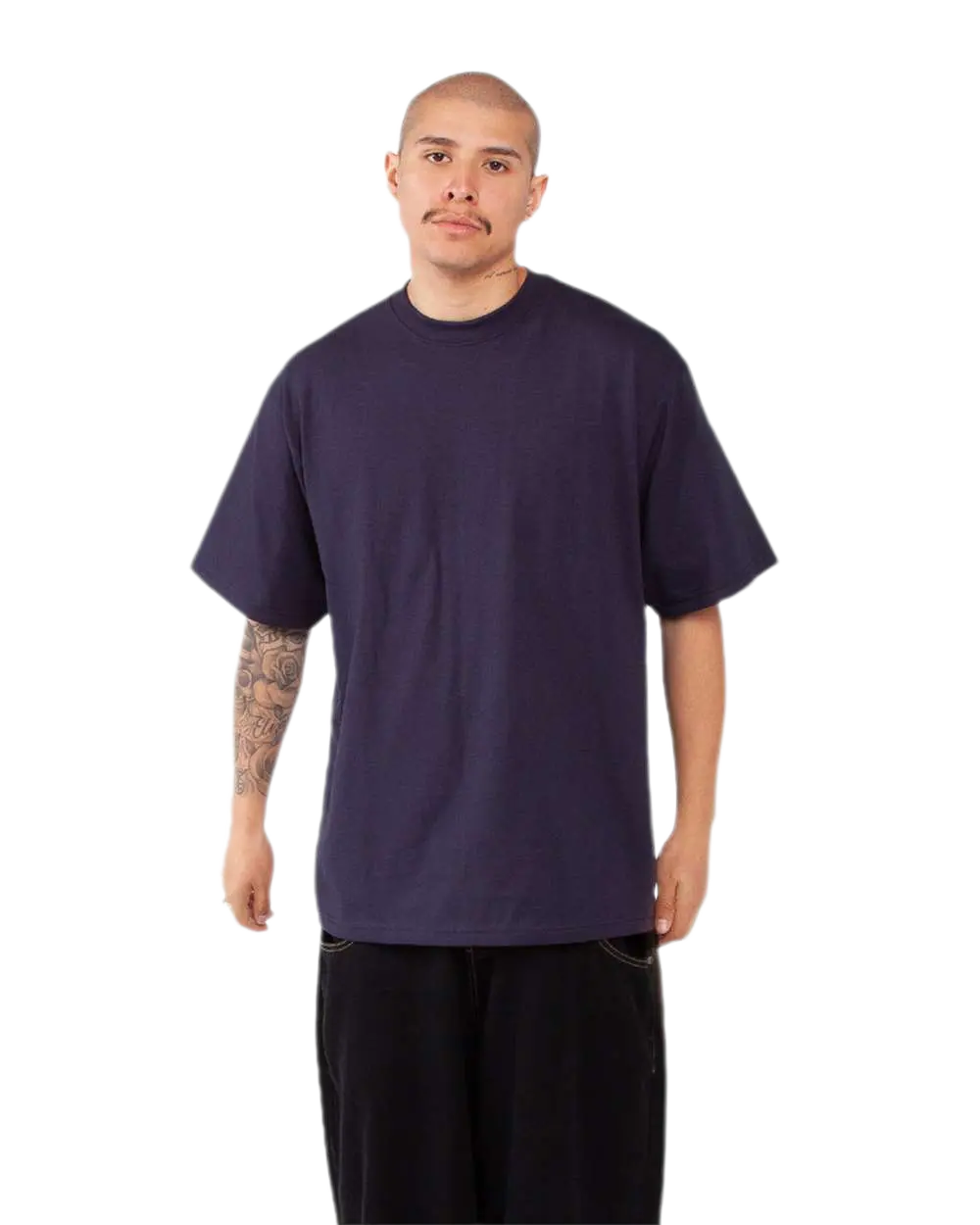 Shaka Wear SHMHSS navy oversized heavyweight T-shirt on model, front view
