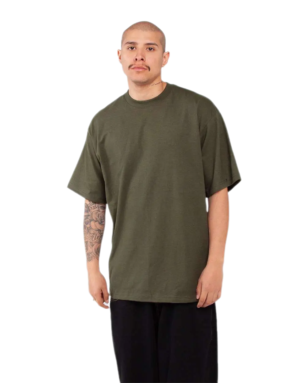 Shaka Wear SHMHSS olive oversized heavyweight T-shirt on model, front view
