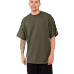 Shaka Wear SHMHSS olive oversized heavyweight T-shirt on model, front view
