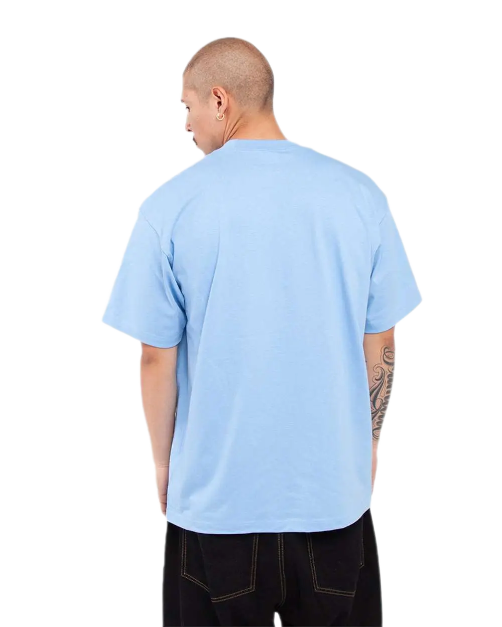 Shaka Wear SHMHSS sky blue oversized heavyweight T-shirt on model, back view
