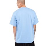 Shaka Wear SHMHSS sky blue oversized heavyweight T-shirt on model, back view
