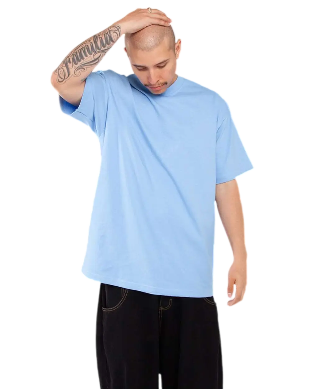 Shaka Wear SHMHSS sky blue oversized heavyweight T-shirt on model, front view
