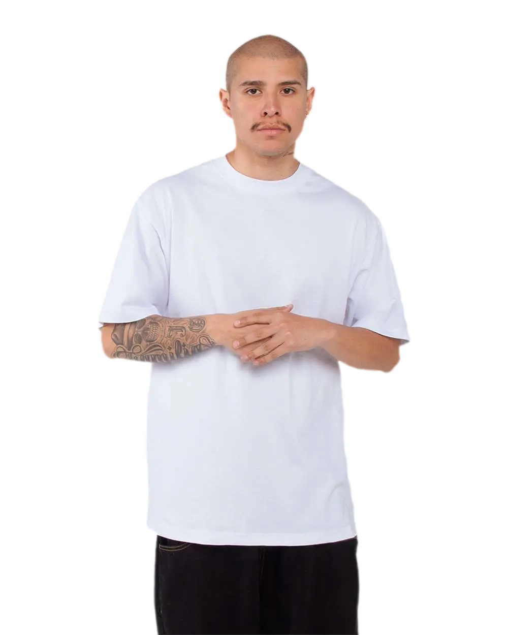 Shaka Wear SHMHSS white oversized heavyweight T-shirt on model, front view
