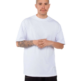 Shaka Wear SHMHSS white oversized heavyweight T-shirt on model, front view
