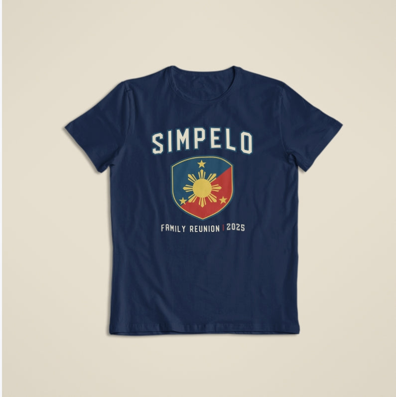 Navy custom Print-MO tee with “Simpelo Family Reunion 2025” text above a stylized Philippine sun-and-stars shield emblem for keepsake apparel