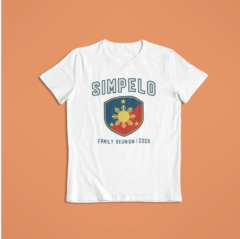 White custom Print-MO t-shirt featuring “Simpelo Family Reunion 2025” text above a Philippine sun-and-stars shield emblem, ideal for reunion apparel and keepsakes.
