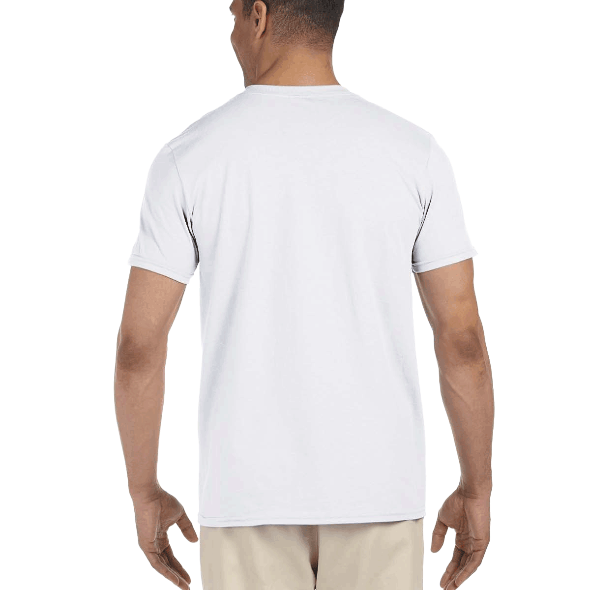 Back view of a white Gildan SoftStyle T-shirt worn by a man, standing with a neutral stance.