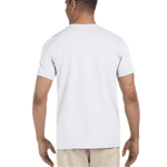 Back view of a white Gildan SoftStyle T-shirt worn by a man, standing with a neutral stance.