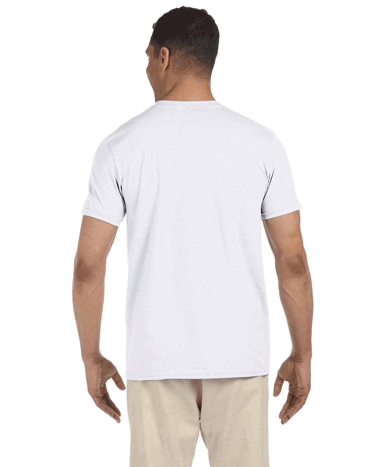 Back view of a white Gildan SoftStyle T-shirt worn by a man, standing with a neutral stance.