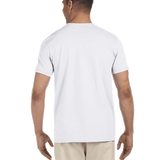 Back view of a white Gildan SoftStyle T-shirt worn by a man, standing with a neutral stance.