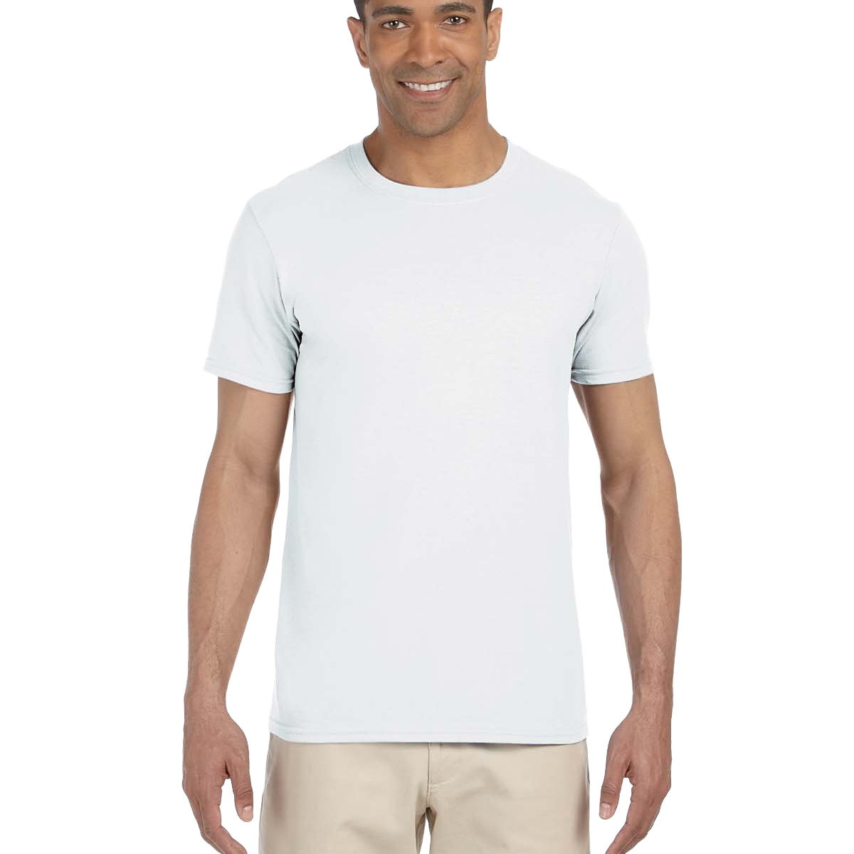 Man in a white Gildan SoftStyle T-shirt, standing with a relaxed posture and a friendly smile.