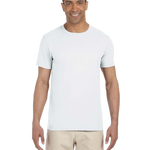 Man in a white Gildan SoftStyle T-shirt, standing with a relaxed posture and a friendly smile.