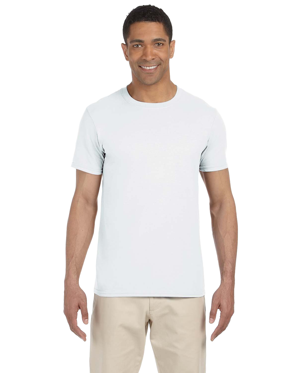 Man in a white Gildan SoftStyle T-shirt, standing with a relaxed posture and a friendly smile.