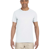 Man in a white Gildan SoftStyle T-shirt, standing with a relaxed posture and a friendly smile.