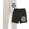High-resolution transparent PNG mockup of cream jogger sweatpants and black athletic shorts with customizable “Your Design Here” side prints.