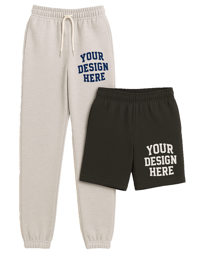 High-resolution transparent PNG mockup of cream jogger sweatpants and black athletic shorts with customizable “Your Design Here” side prints.