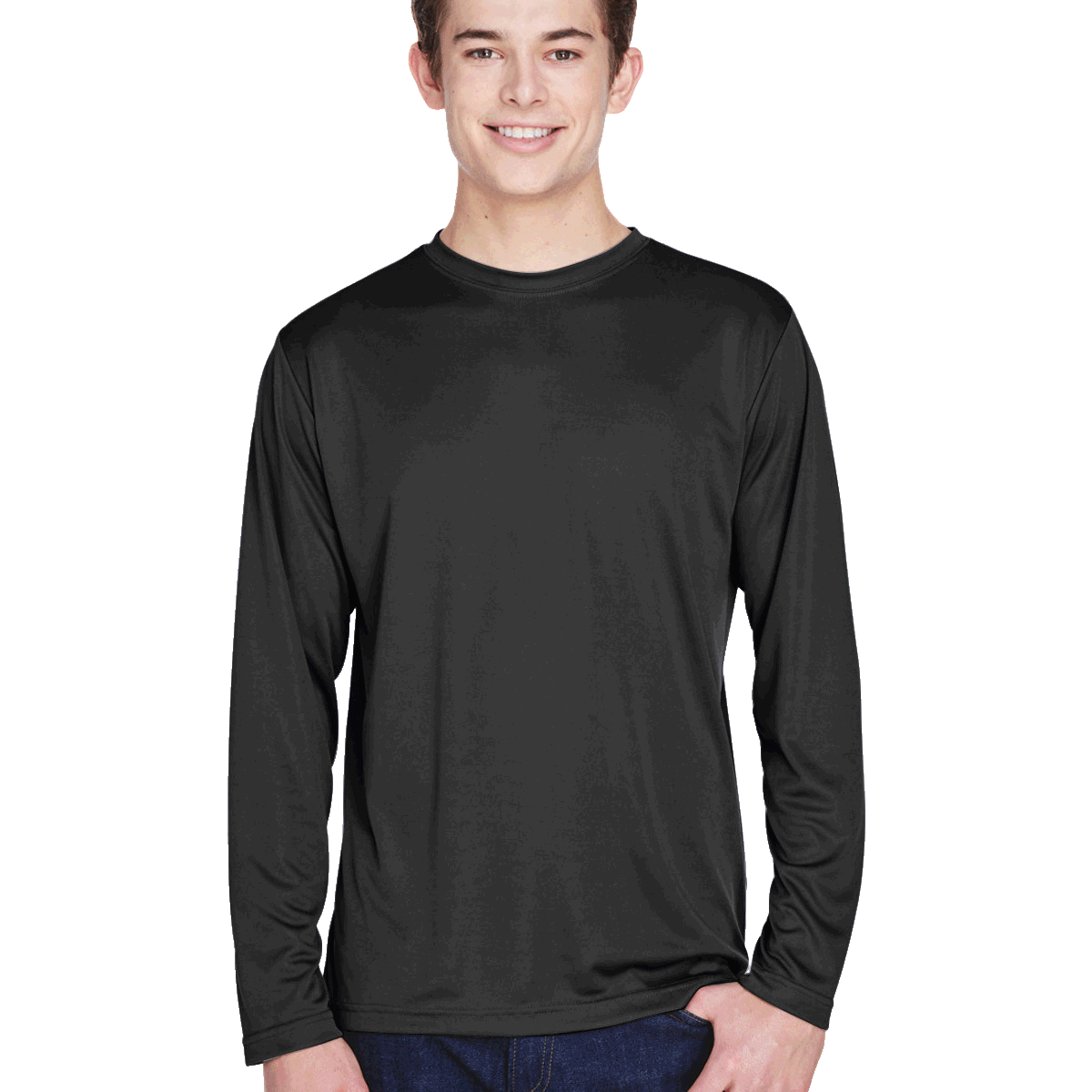 Man wearing a Team 365 Men's Zone Performance Long-Sleeve T-Shirt in Black.