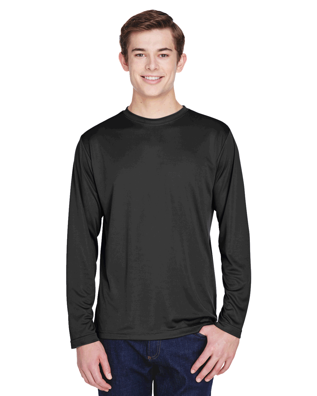 Man wearing a Team 365 Men's Zone Performance Long-Sleeve T-Shirt in Black.