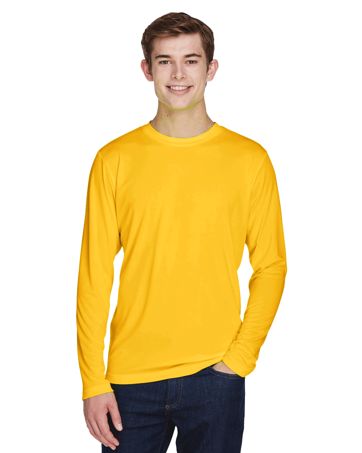 Man wearing a Team 365 Men's Zone Performance Long-Sleeve T-Shirt in Sport Athletic Gold.