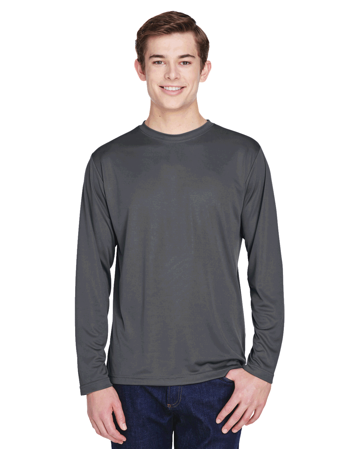 Man wearing a Team 365 Men's Zone Performance Long-Sleeve T-Shirt in Sport Graphite.