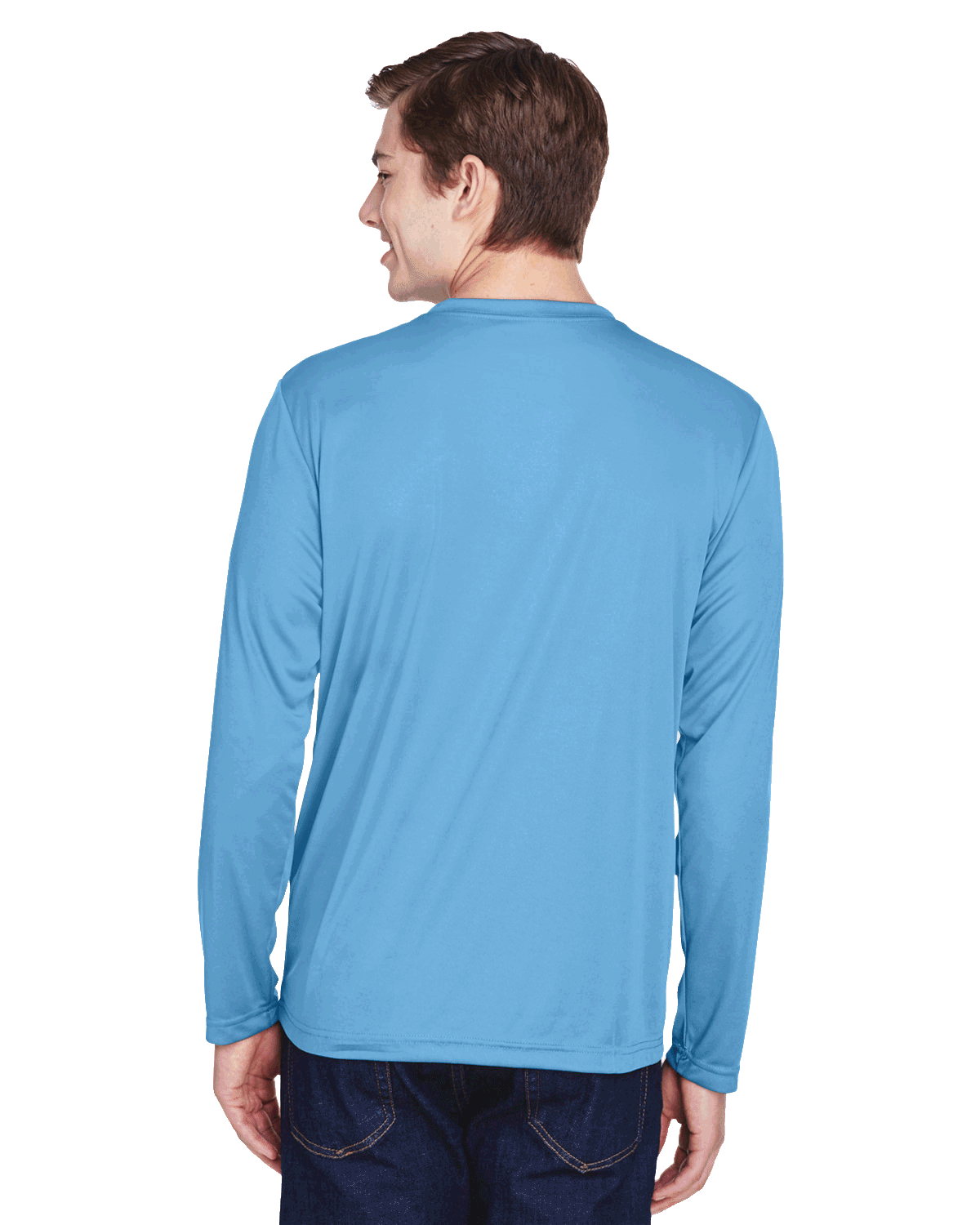 Man wearing a Team 365 Men's Zone Performance Long-Sleeve T-Shirt in Sport Light Blue.