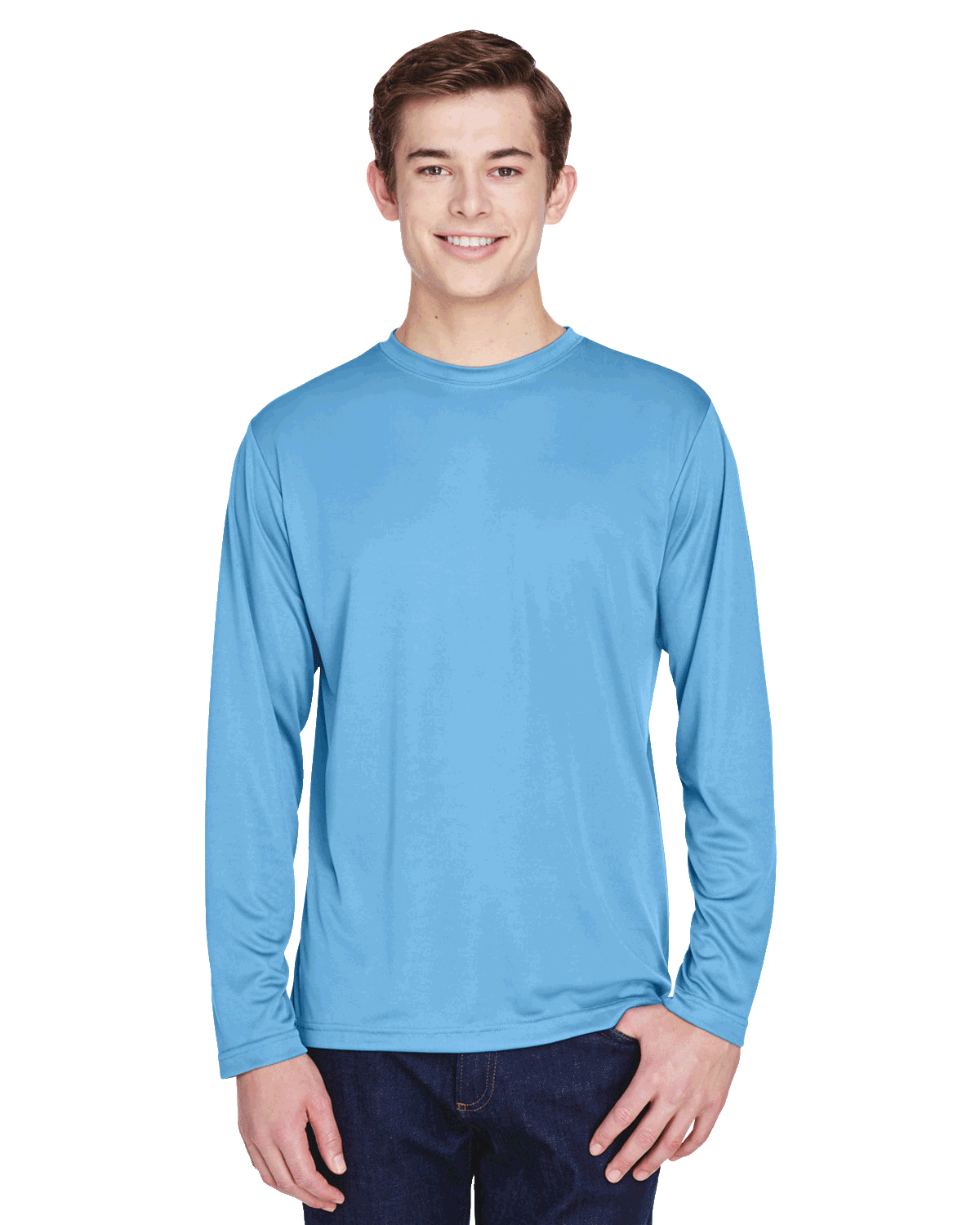 Man wearing a Team 365 Men's Zone Performance Long-Sleeve T-Shirt in Sport Light Blue.